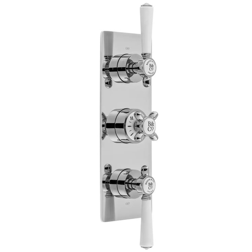 Cutout image of Booth & Co. Axbridge Dual Outlet Three Handle Shower Valve